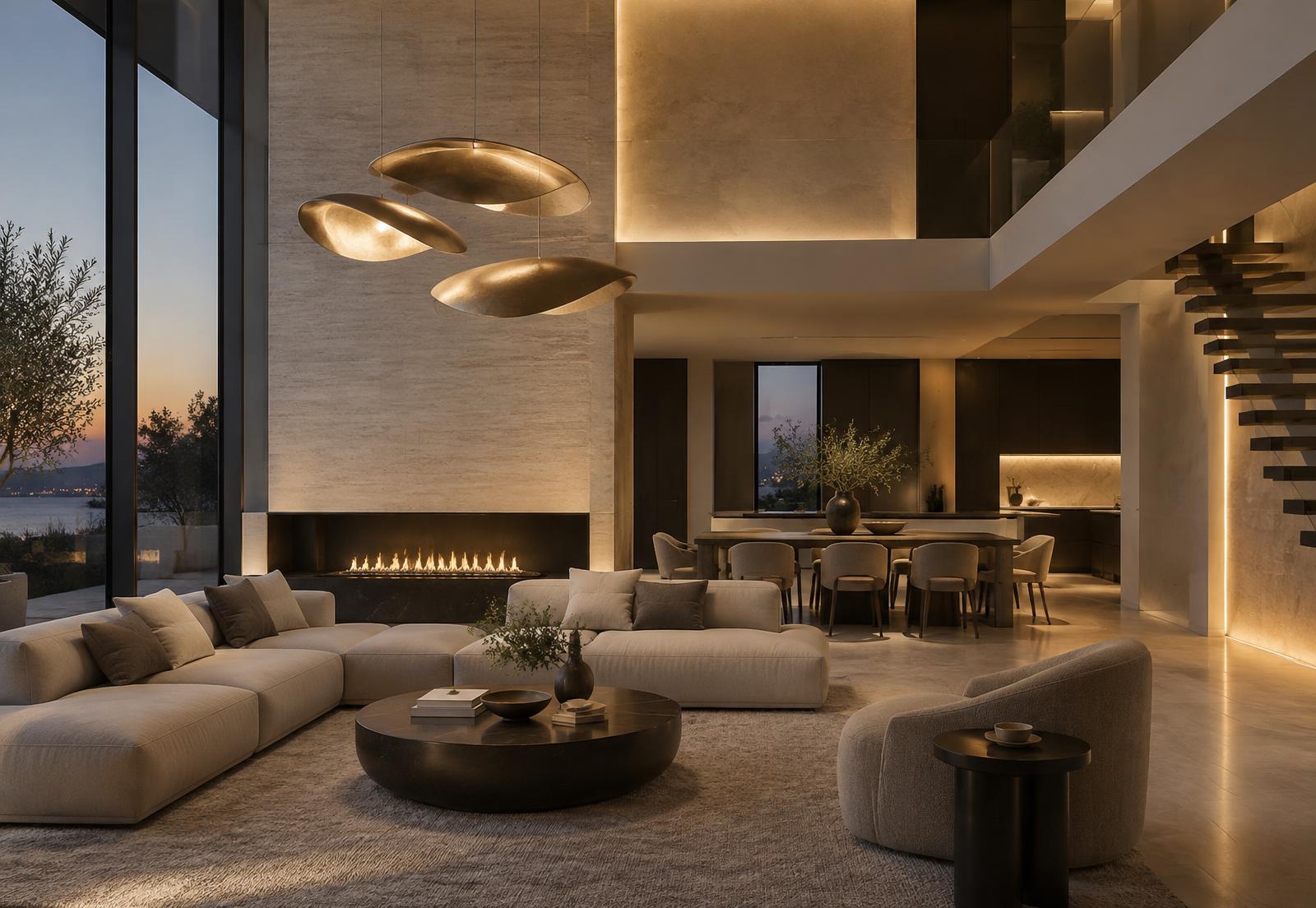 Contemporary interior illuminated with sculptural pendant and integrated architectural lighting