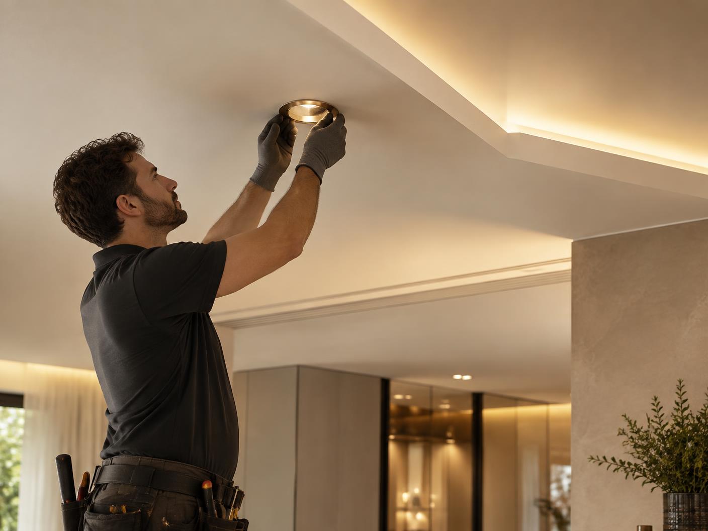 Professional installing a recessed ceiling light